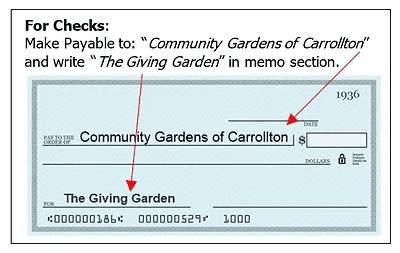 Sample check: Pay to the Order of Community Gardens of Carrollton, memo The Giving Garden